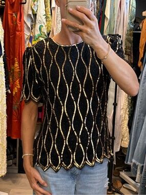 Vintage Stenay Black & Gold Beaded Short Sleeve Top